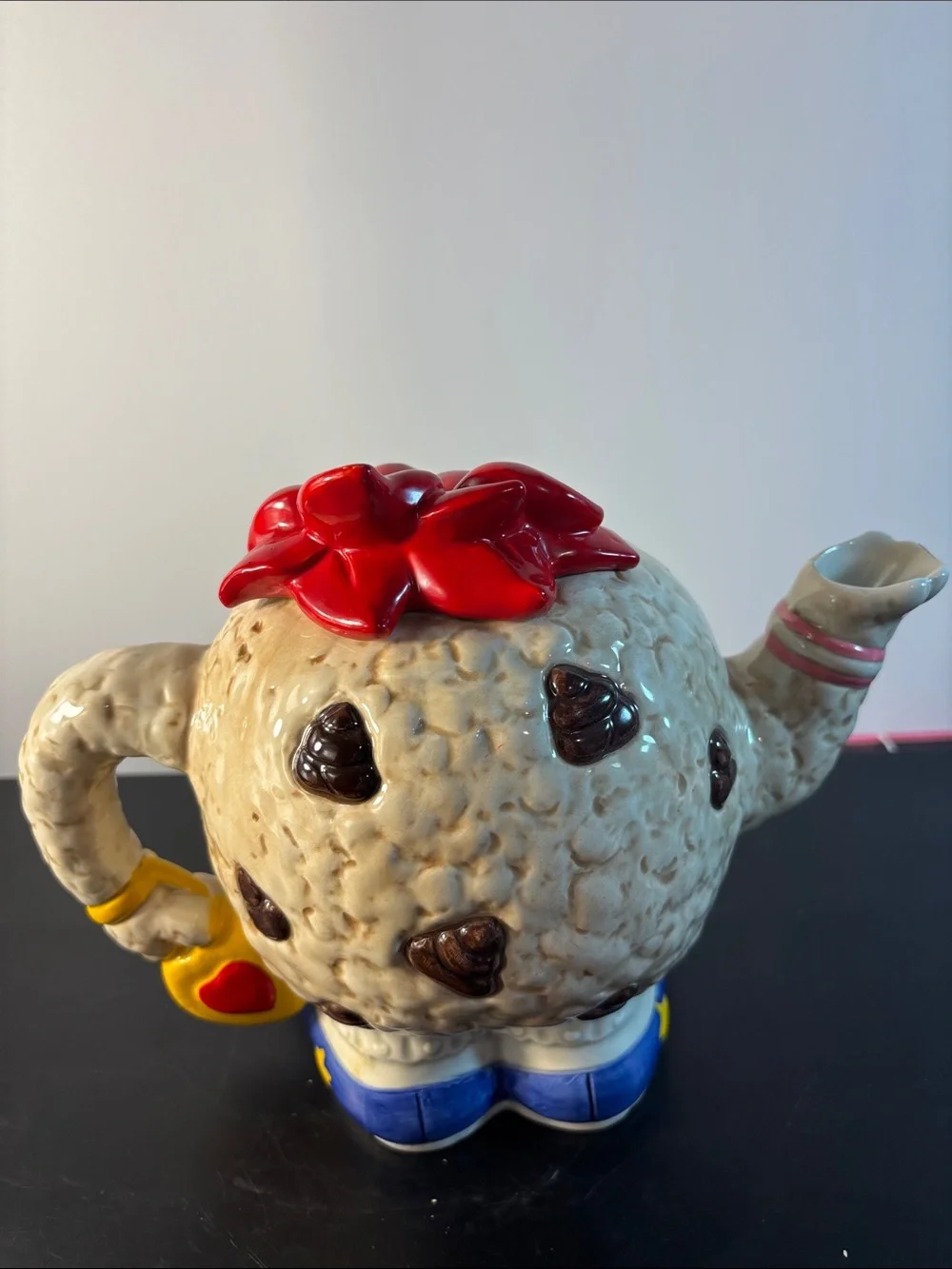 Fitz and Floyd Ceramic Character Teapot with Red Flower Top and Colorful Accents